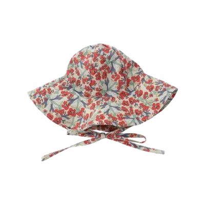 Solhat til børn i rød og blå blomstermønster
